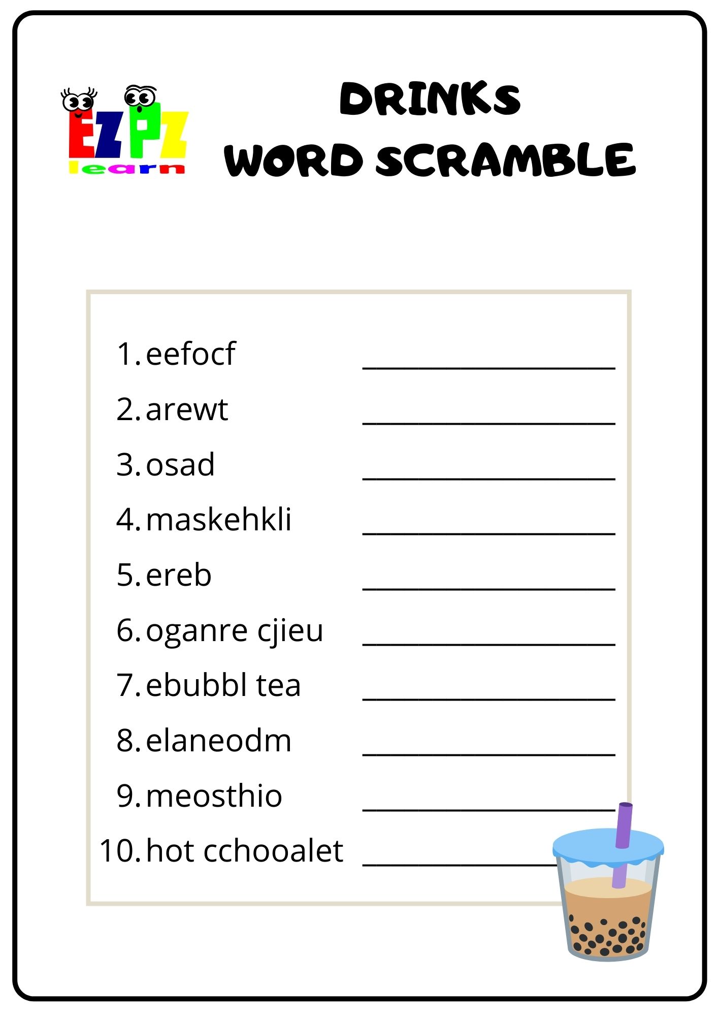 Drinks Word Scramble